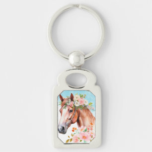 Porte-clés Cheval et fleurs à l'aquarelle