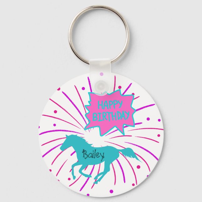 Porte-clés Cheval Joyeux Anniversaire rose violet Turquoise (Recto)