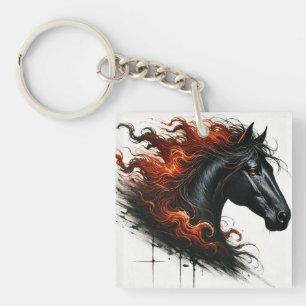 Porte-clés Cheval noir avec crinière de feu