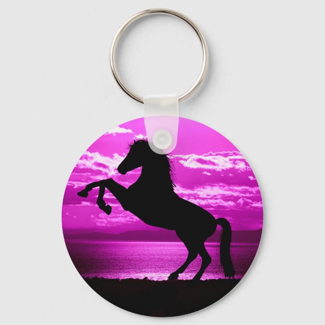 Porte-clés Cheval noir Ciel pourpre et eau (Recto)