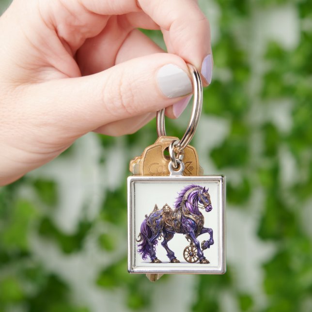 Porte-clés Cheval Steampunk Violet et Or Mécanique   (main)