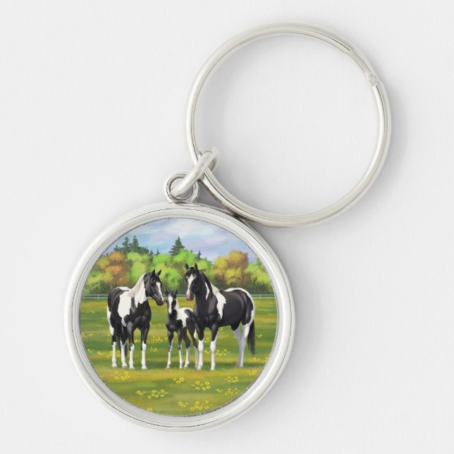 Porte-clés Chevaux De Peinture De Pinto Noir En Pâturage Été (Devant)