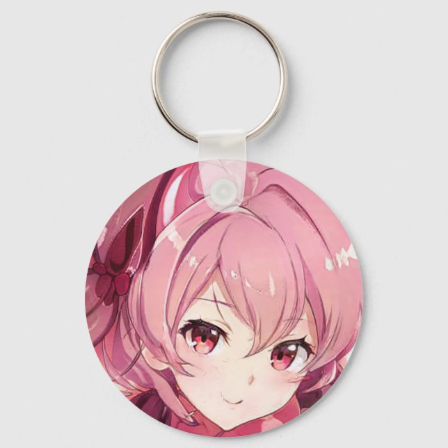 Porte-clés Cheveux rose fille yeux rose sourire manga anime m (Recto)