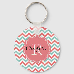 Porte-clés Chevron Coral et Aqua Nom personnalisé