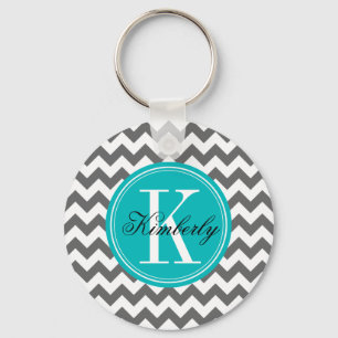 Porte-clés Chevron gris avec le monogramme turquoise