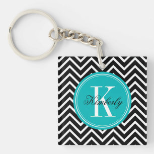 Porte-clés Chevron noir et blanc avec le monogramme turquoise