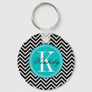 Porte-clés Chevron noir et blanc avec le monogramme turquoise