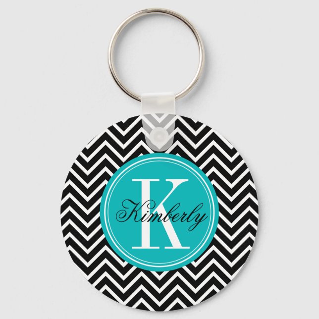 Porte-clés Chevron noir et blanc avec Monogramme Turquoise (Recto)
