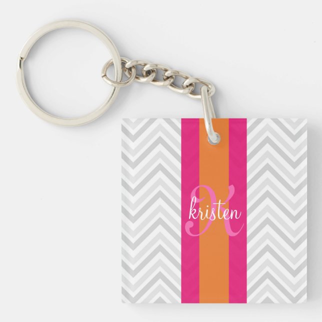 Porte-clés Chevron rose gris élégant moderne personnalisé (Devant)