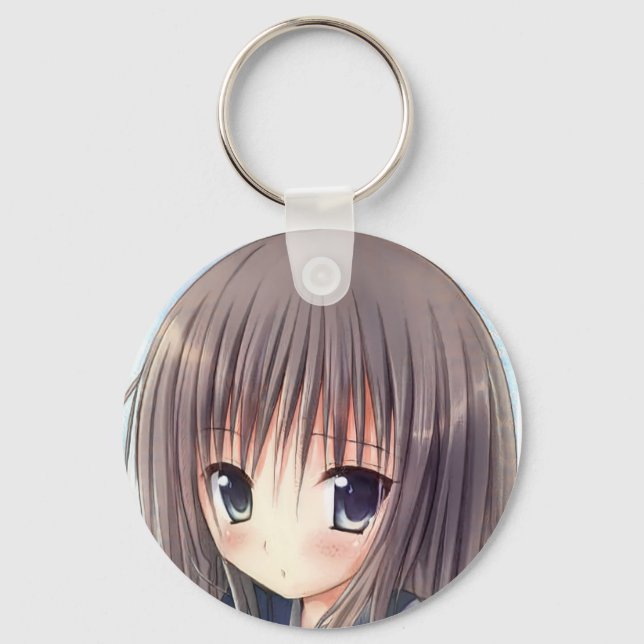 Porte-clés Chibi anime cheveux brun fille yeux gris (Recto)