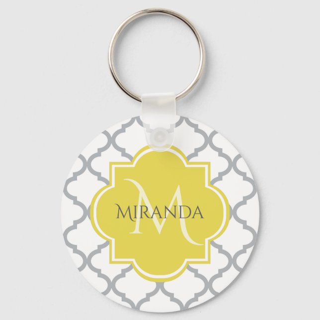 Porte-clés Chic Blanc Gris Quatrefoil Jaune Nom Monogramme (Recto)