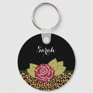 Porte-clés Chic Brown Gold Leopard Print Red Rose With Name