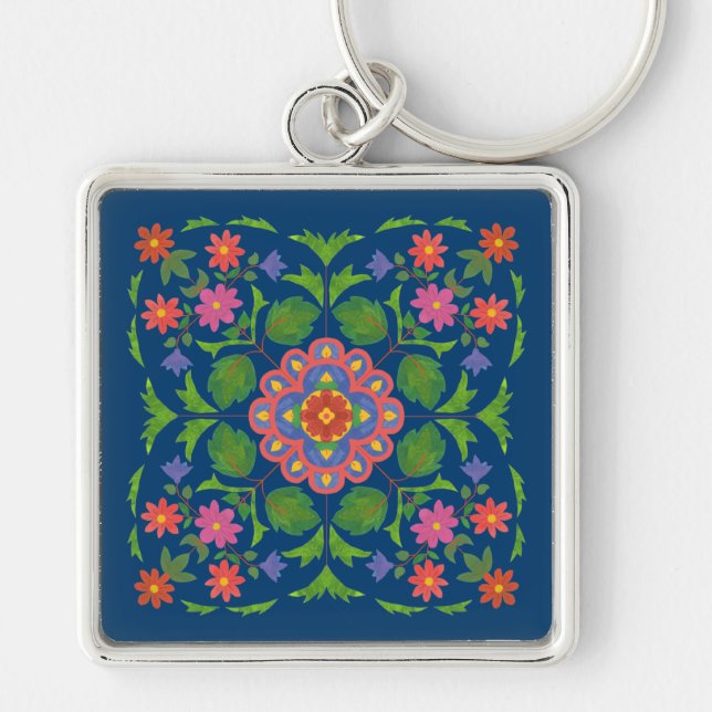 Porte-clés Chic Floral Rangoli sur Deep Blue Carré Porte - cl (Devant)