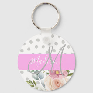 Porte-clés Chic & Girl Floral White Pink Gray Nom du monogram