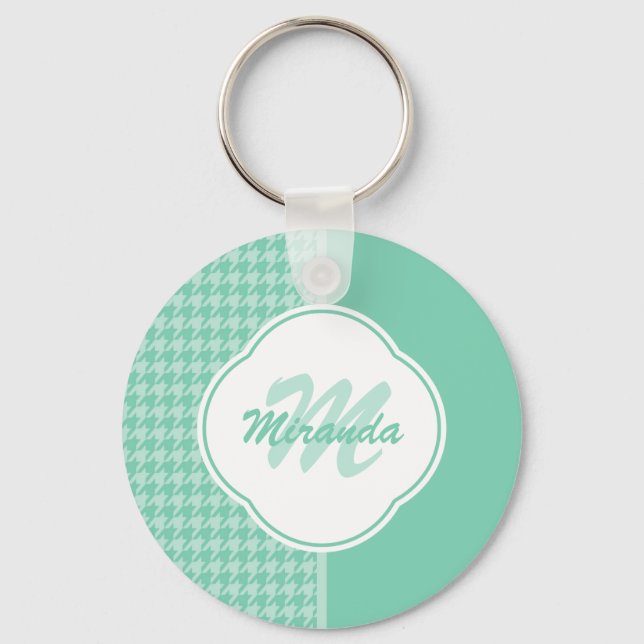 Porte-clés Chic Mint Green Houndstooth avec Monogramme et nom (Recto)