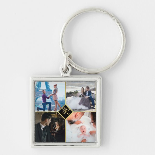 Porte-clés Chic or personnalisé, 4 Famille Photo Collage Mono (Devant)