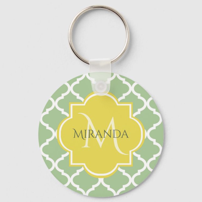 Porte-clés Chic Pastel Green Quatrefoil Jaune Nom Monogramme (Recto)