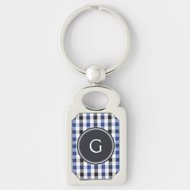 Porte-clés chic preppy bleu noir en vichy motif monogramme (Devant)