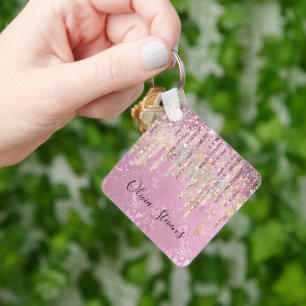 Porte-clés Chic rose damas goutte à goutte monogramme de part
