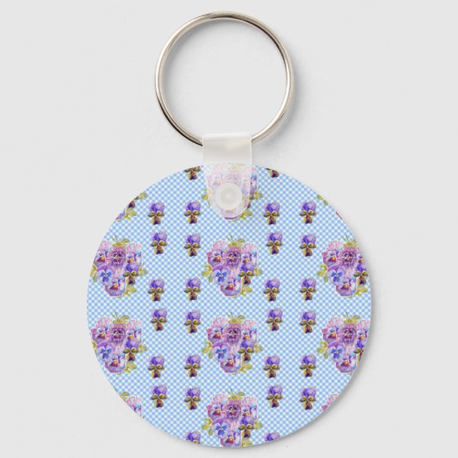 Porte-clés Chic Shabby Pansy Floral Blue En vichy Chèques (Recto)