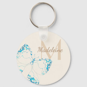 Porte-clés Chic Whimsical Elegant Bleu Papillon Monogramme