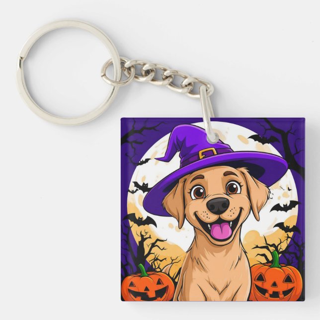 Porte-clés Chien adorable avec un chapeau de sorcière (Devant)