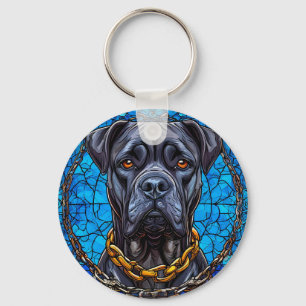 Porte-clés Chien Cane Corso avec des Chaînes en Vitrail Bleu