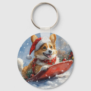Porte-clés Chien Corgi en Luge Laissez Tomber la Neige Noël