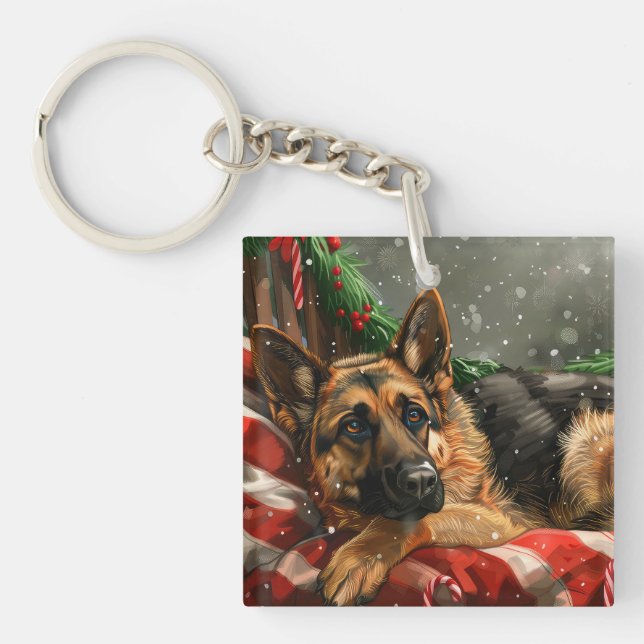 Porte-clés Chien de berger allemand Noël Festif (Devant)