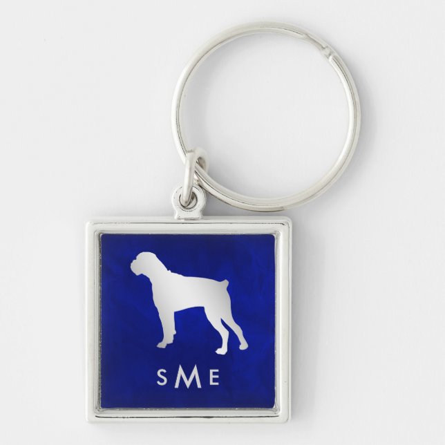Porte-clés Chien de boîte en argent bleu monogramme (Devant)