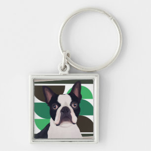 Porte-clés Chien de Boston Terrier - Vert foncé géométrique