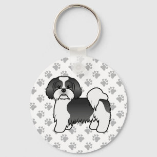 Porte-clés Chien de dessin animé mignon Lhasa Apso noir et bl