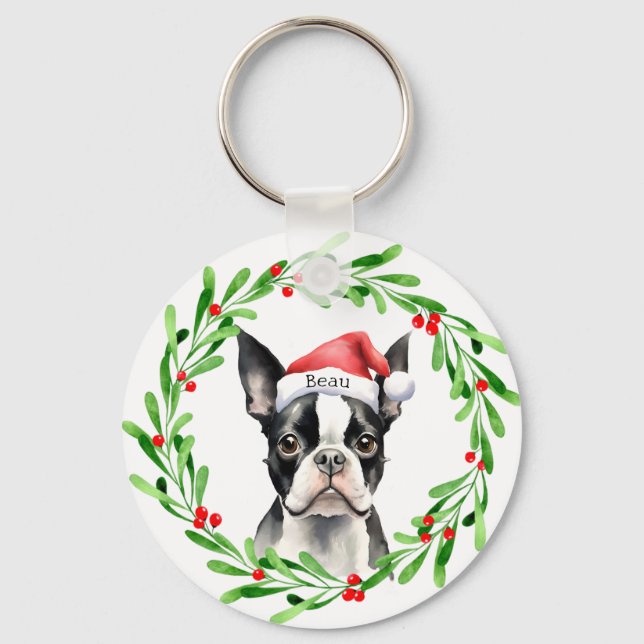 Porte-clés Chien de Noël Boston Terrier Terrier Fêtes Animaux (Recto)