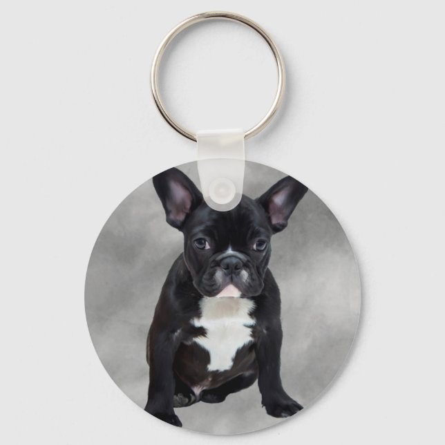 Porte-clés Chien de taureau français assis aquarelle peinture (Recto)