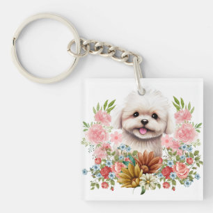 Porte-clés Chien maltais aux fleurs, Chien maltais mignon