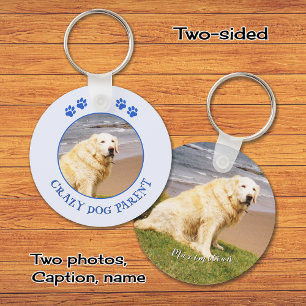 Porte-clés Chien parent photo bleu texte personnalisé