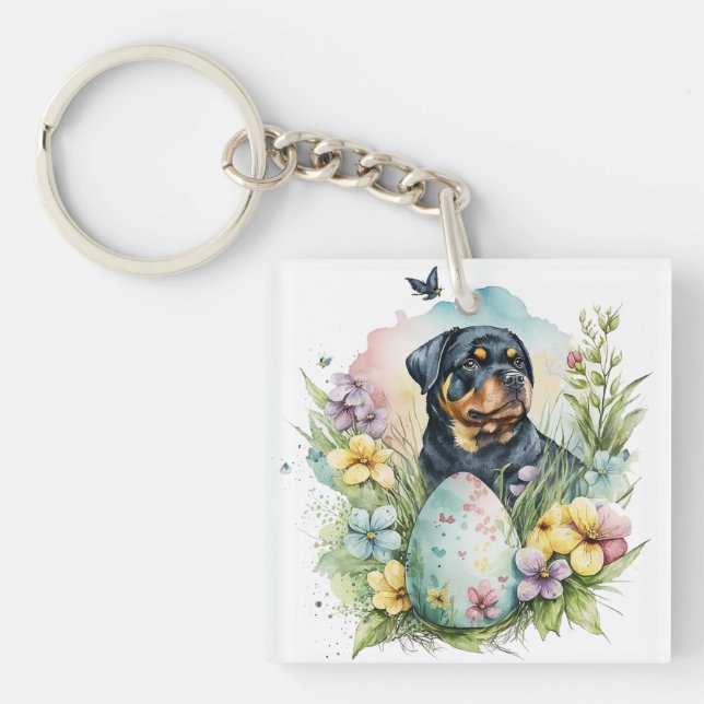 Porte-clés Chien Rottweiler Oeuf de Pâques, Joyeux Rottweiler (Devant)