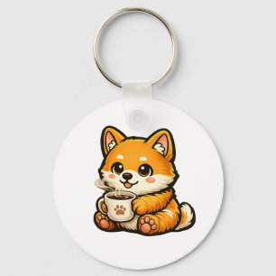 Porte-clés Chien Shiba Inu mignon avec café – Illustration de