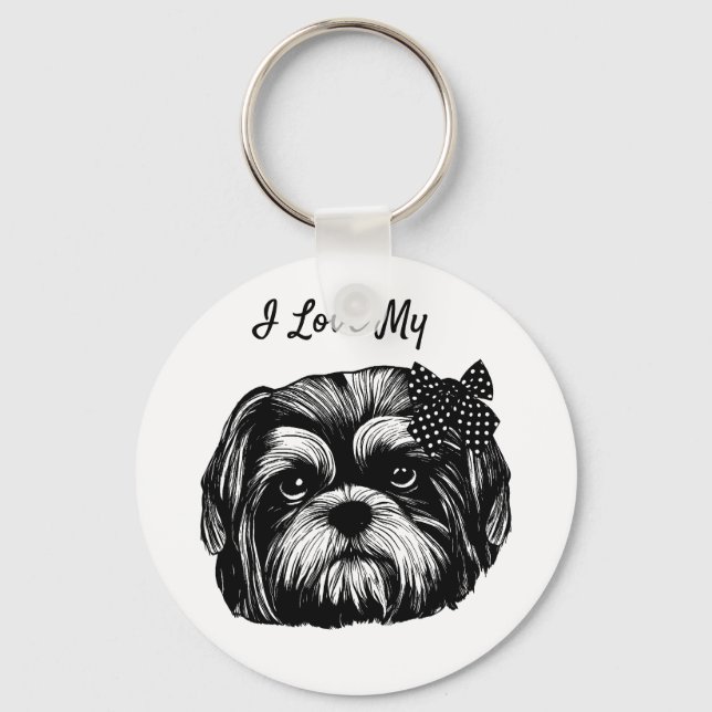Porte-clés Chien Shih Tzu chien avec pois de polka bow Art or (Recto)