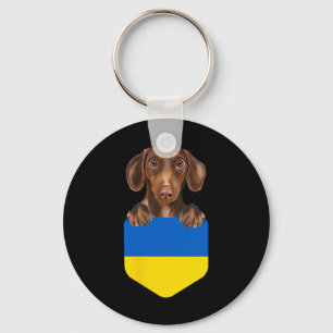 Porte-clés Chien teckel marron au drapeau ukrainien dans la p