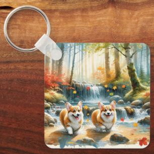 Porte-clés Chiens De Corgi Dans Un Flux De Bois Aux Couleurs 