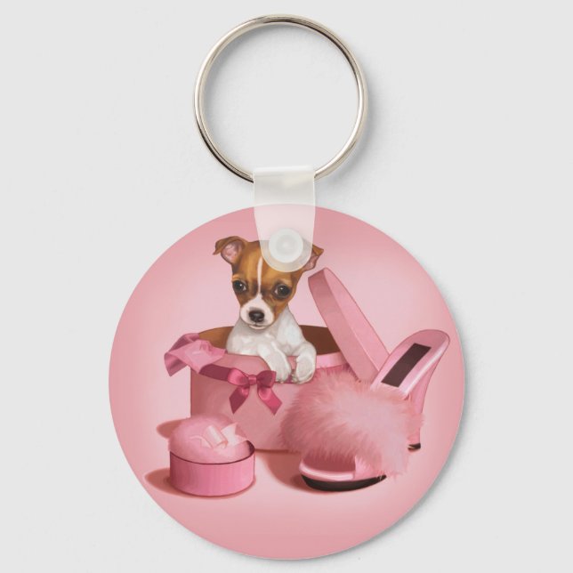 Porte-clés Chihuahua Chippie mignonne dans Hatbox (Recto)