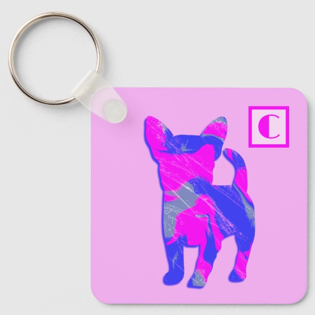 Porte-clés Chihuahua mignonne Chien rose et bleu Silhouette M (Recto)