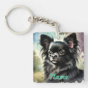 Porte-clés Chihuahua noir à long haïre en aquarelle