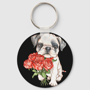 Porte-clés Chiot bouledogue à l'aquarelle mignon tenant des r