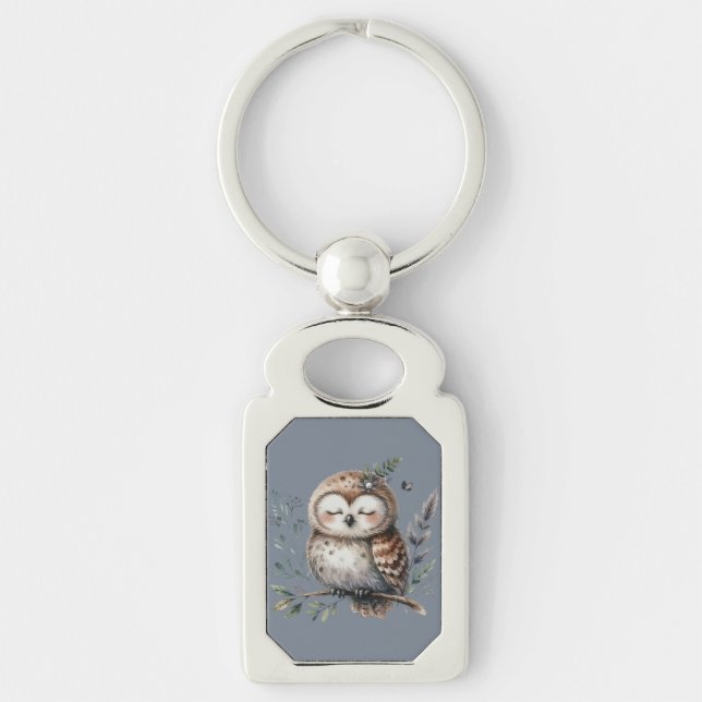 Porte-clés Chouette à l'aquarelle mignonne avec style boisé f (Devant)