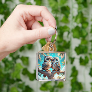 Porte-clés Chouette bleu Kawaii Chibi sur une branche d'arbre