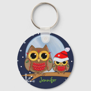 Porte-clés Chouettes de Noël mignonnes et nom personnalisé