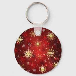 Porte-clés Christmas Golden Snowflakes on Red Background