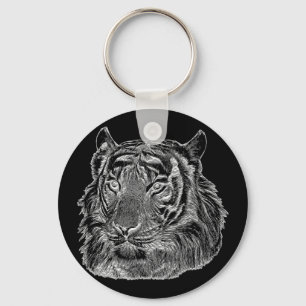 Porte-clés chrome argent tigre visage animal nature jungle ar
